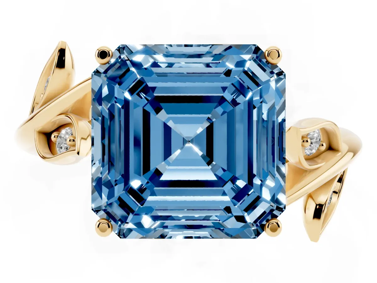 Fancy Blue Asscher Cut Solitaire Twist Engagement Ring with Leaf Accents and Prong Setting Yellow gold