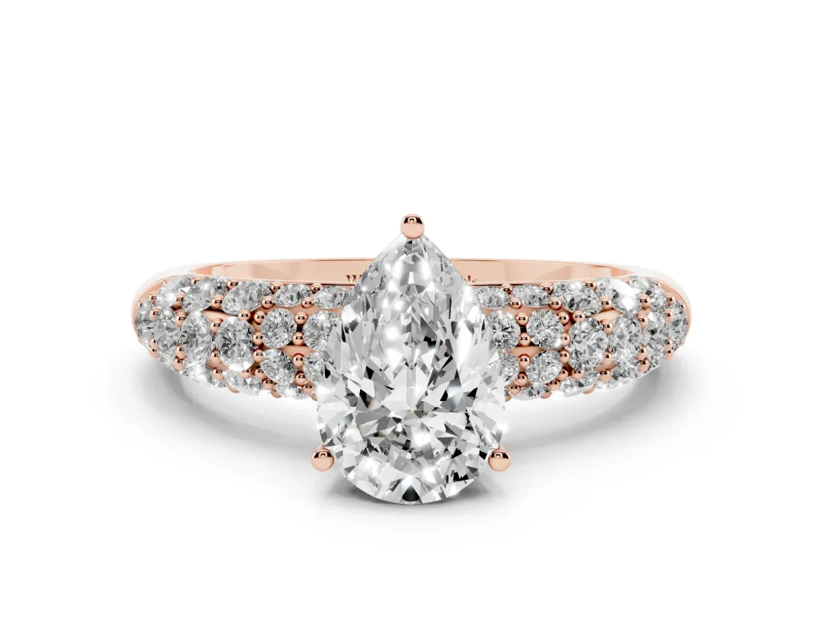 Pear Cut Diamond Pavé Band Solitaire Ring with Four-Prong Setting Rose gold