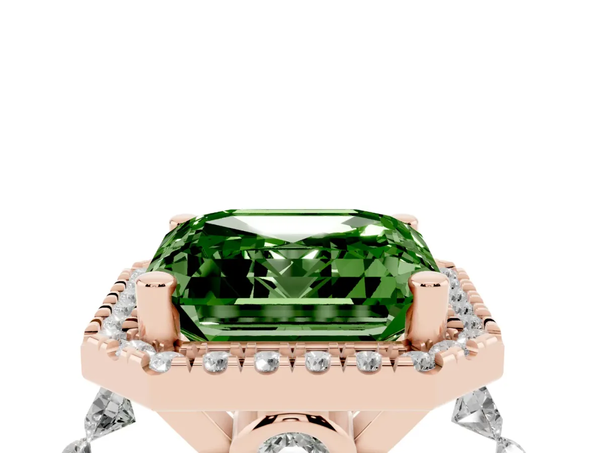 Fancy Green Asscher Cut Halo Pavé Diamond Engagement Ring with Four-Prong Setting Rose gold