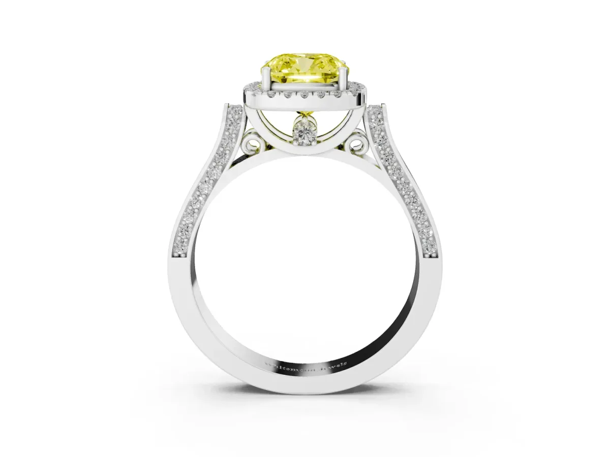 Fancy Yellow Cushion Cut Halo Pave Split Shank Prong Setting Ring Silver