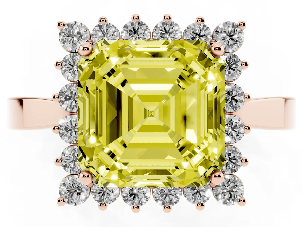 Fancy Yellow Asscher Cut Cut Diamond Halo Ring with Round Brilliant Halo and Solitaire Band Rose gold