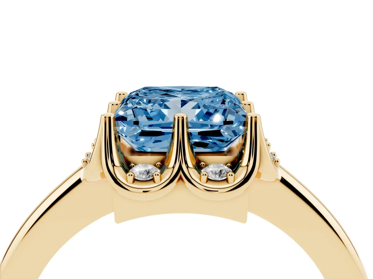Fancy Blue Princess Cut Halo Diamond Ring with Round Cluster Setting, Solitaire Band, and Four-Prong Setting Yellow gold