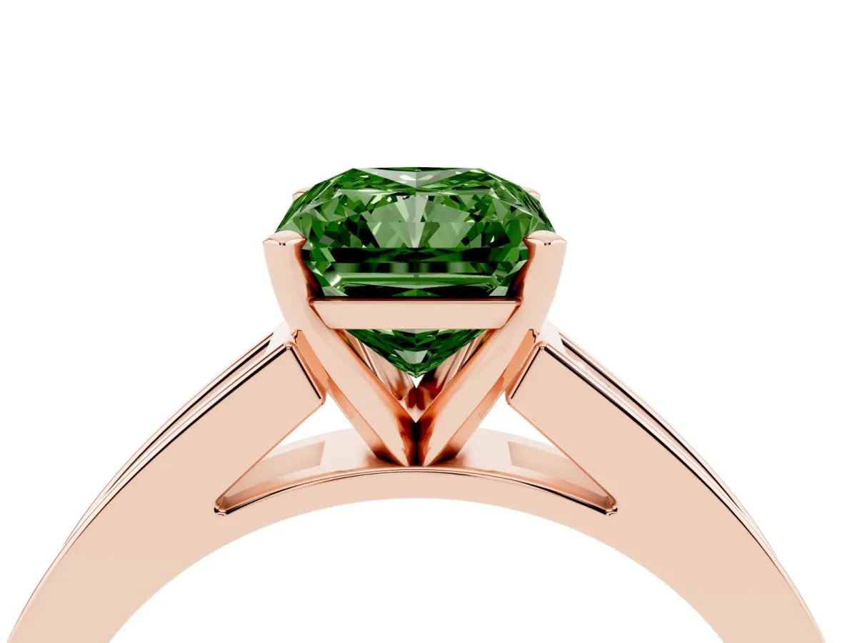 Fancy Green Radiant Cut Solitaire Diamond Ring with Channel-Set Band and Four-Prong Setting Rose gold