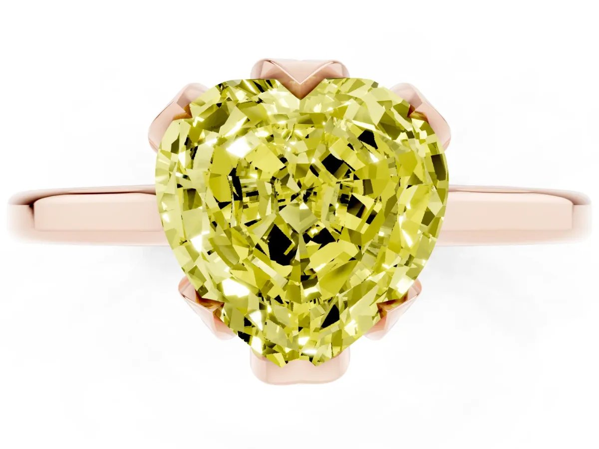 Fancy Yellow Heart Cut Diamond Solitaire Ring with Flower Prong Setting and Classic Band Rose gold