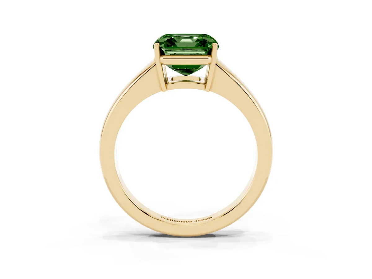 Fancy Green Asscher Cut Solitaire Diamond Ring with Tapered Band and Four-Prong Setting Yellow gold