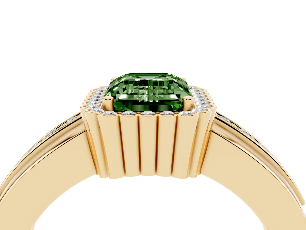 Fancy Green Emerald Cut Cut Halo Pave Band Four-Prong Ring Yellow gold