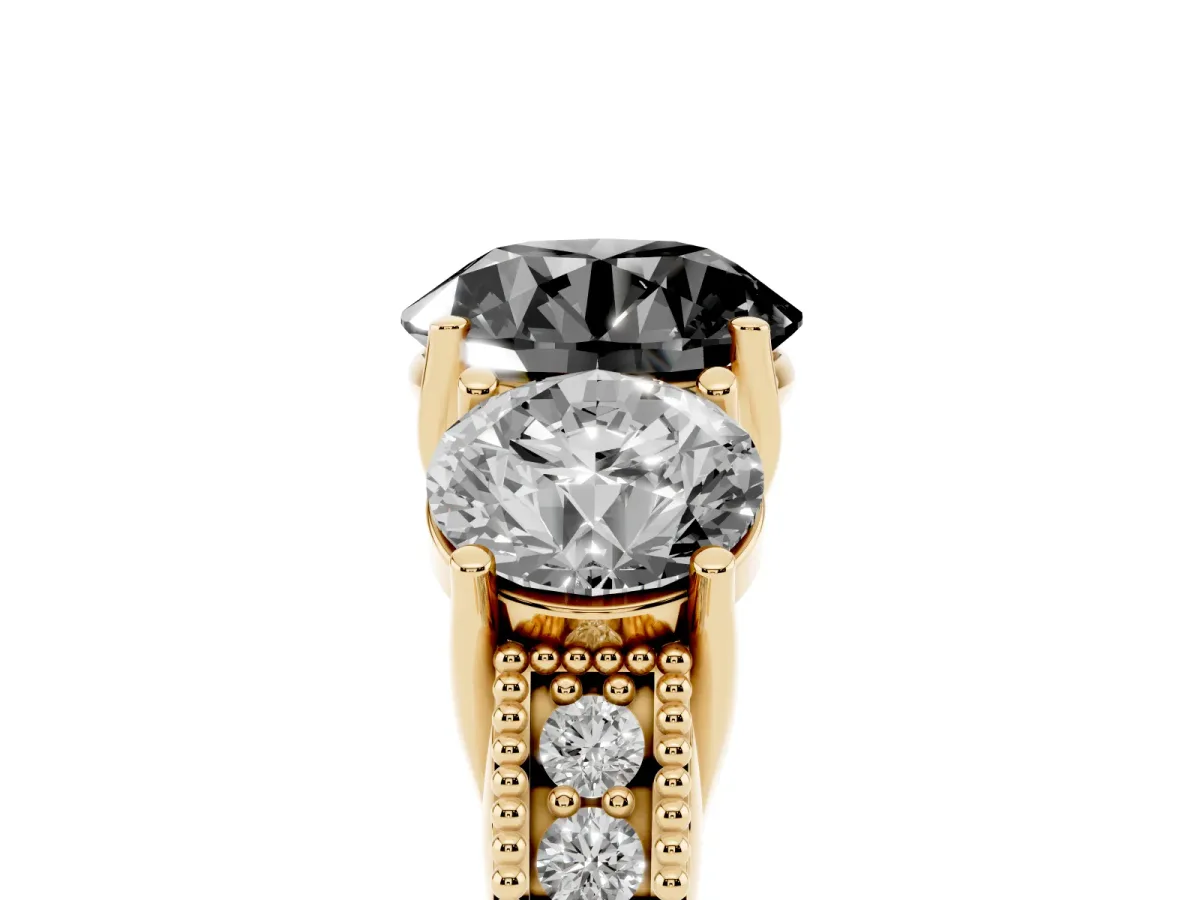 Fancy Black Three-Stone Round Cut Cut Milgrain Pavé Engagement Ring Yellow gold