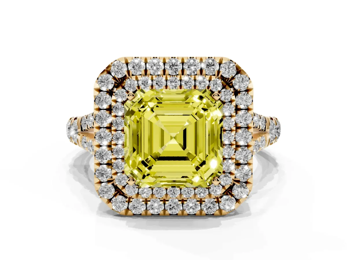 Fancy Yellow Asscher Cut Cut Double Halo Split Shank Diamond Ring with Prong Setting Yellow gold