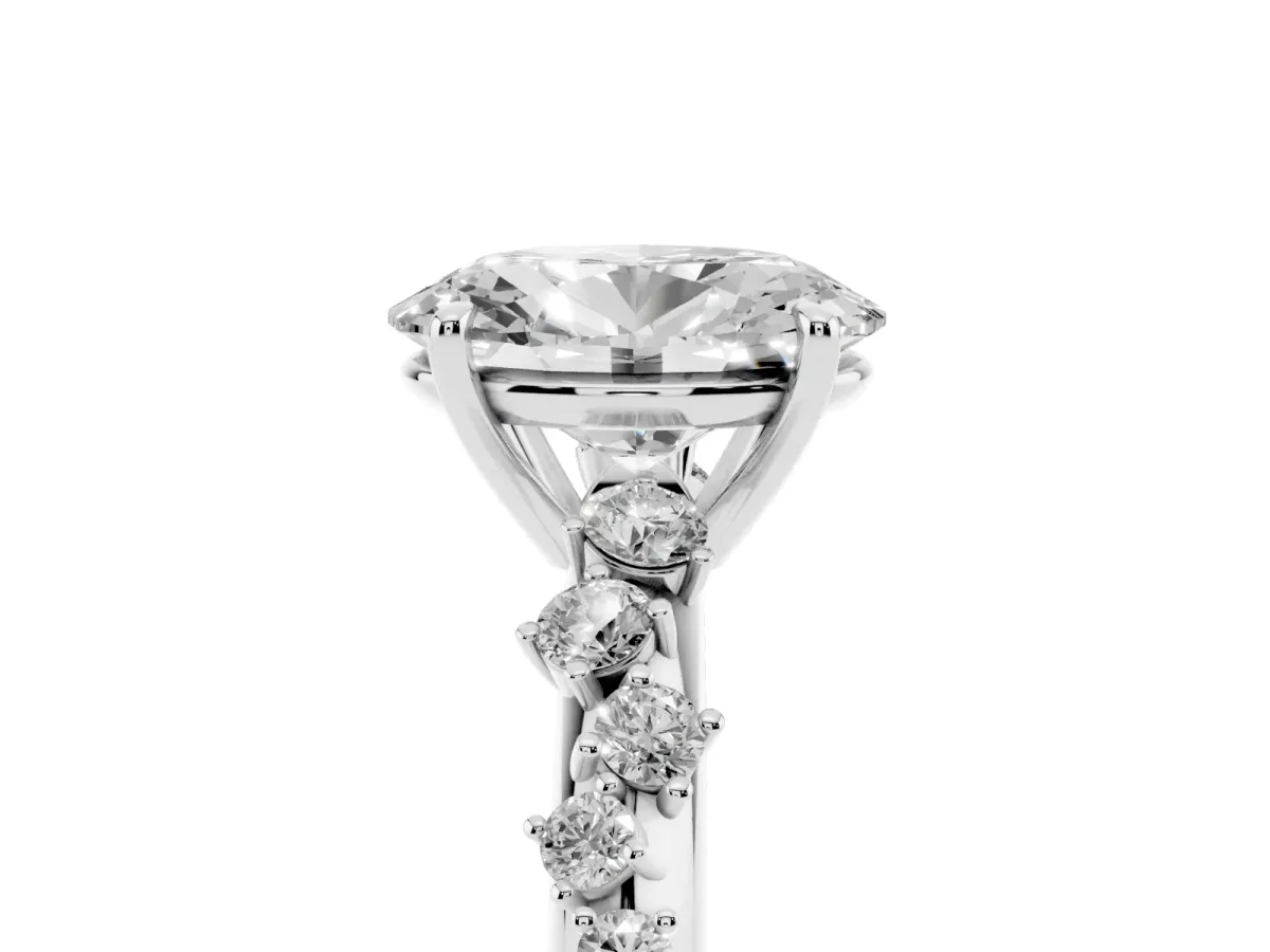 Oval Cut Diamond Cluster Side Stone Solitaire Ring with Prong Setting Silver