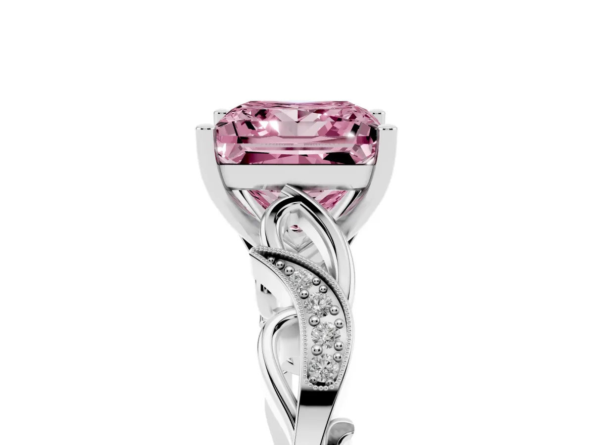 Fancy Pink Princess Cut Solitaire Vine Band with Milgrain Prong Setting Silver