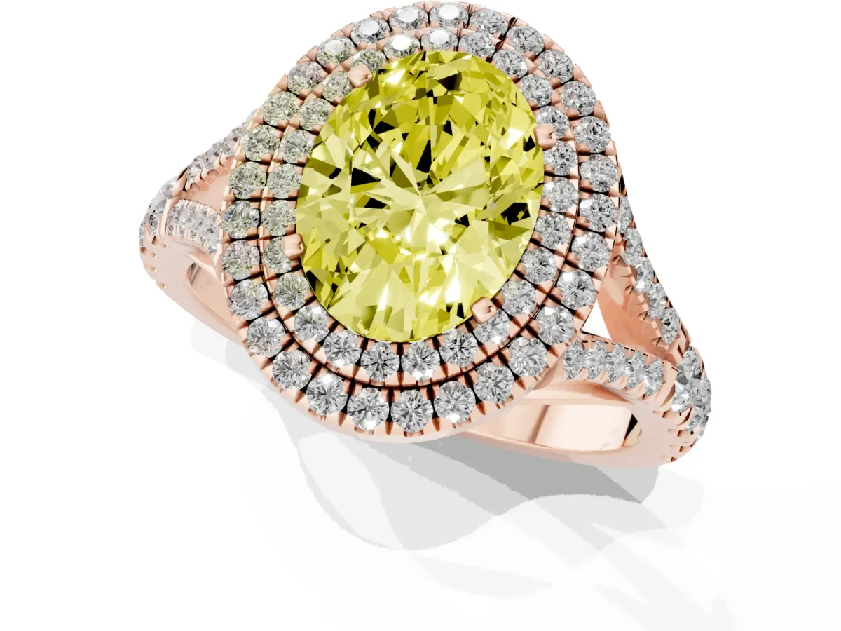 Fancy Yellow Oval Cut Cut Double Halo Split Shank Diamond Ring with Prong Setting Rose gold