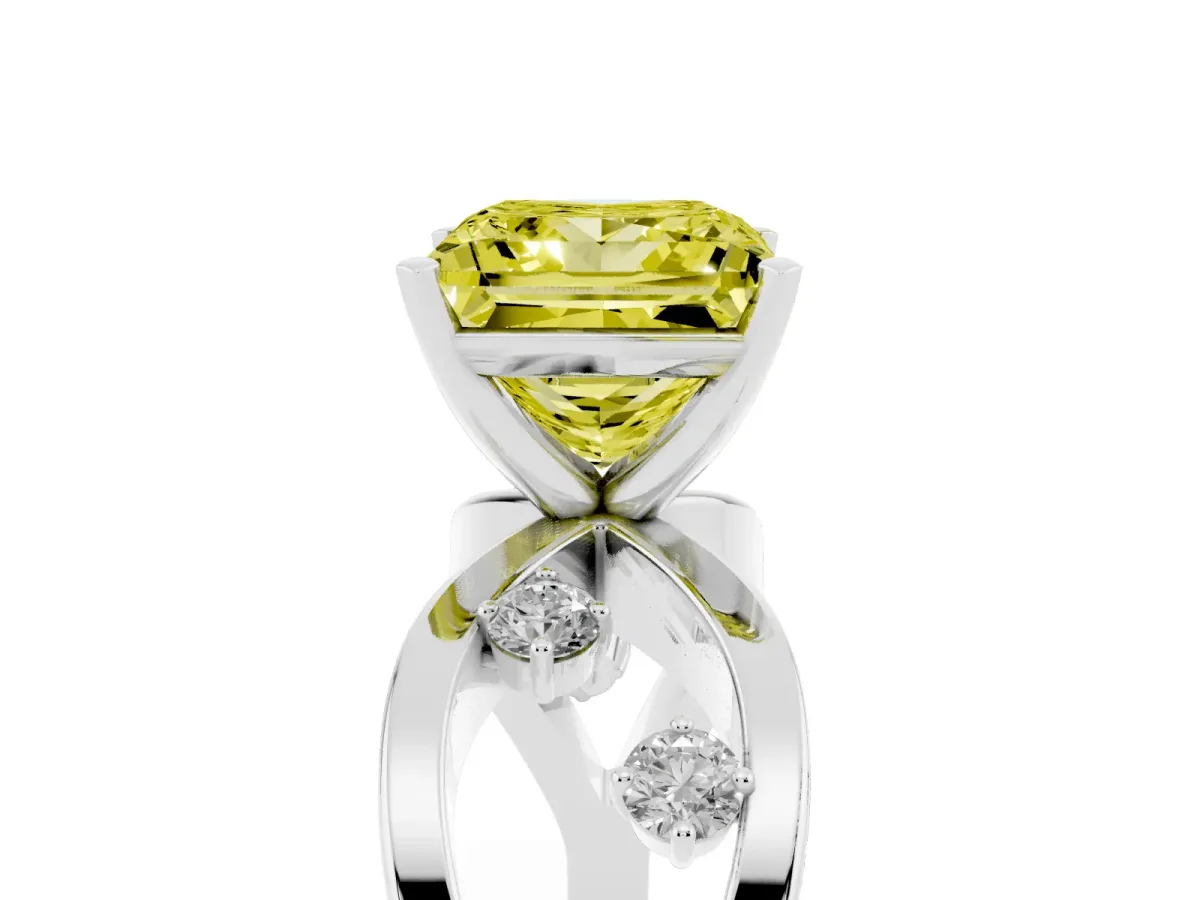 Fancy Yellow Princess Cut Cut Solitaire Diamond with Side Stones on Criss-Cross Band and Four-Prong Setting Silver