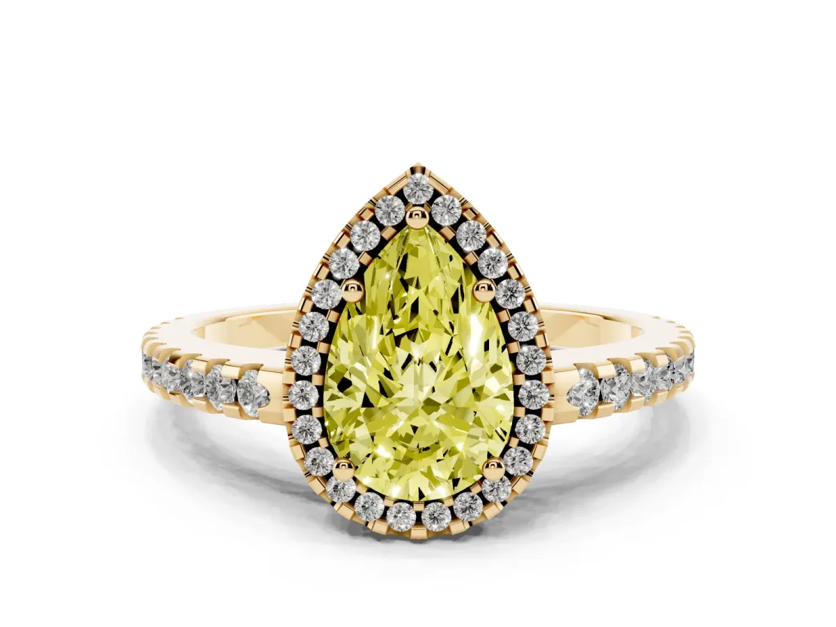 Fancy Yellow Pear Cut Diamond Halo Engagement Ring with Pavé Band and Prong Setting Yellow gold