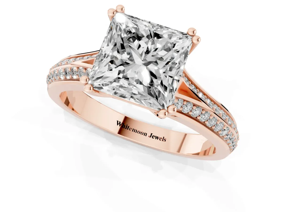 Princess Cut Diamond Split Shank Engagement Ring with Pavé Band Rose gold