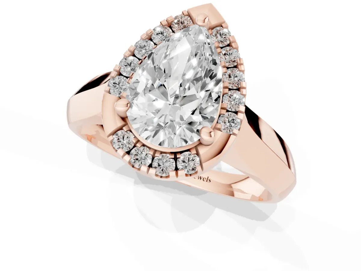 Pear Cut Cut Halo Solitaire Engagement Ring with Square Band and Four-Prong Setting Rose gold
