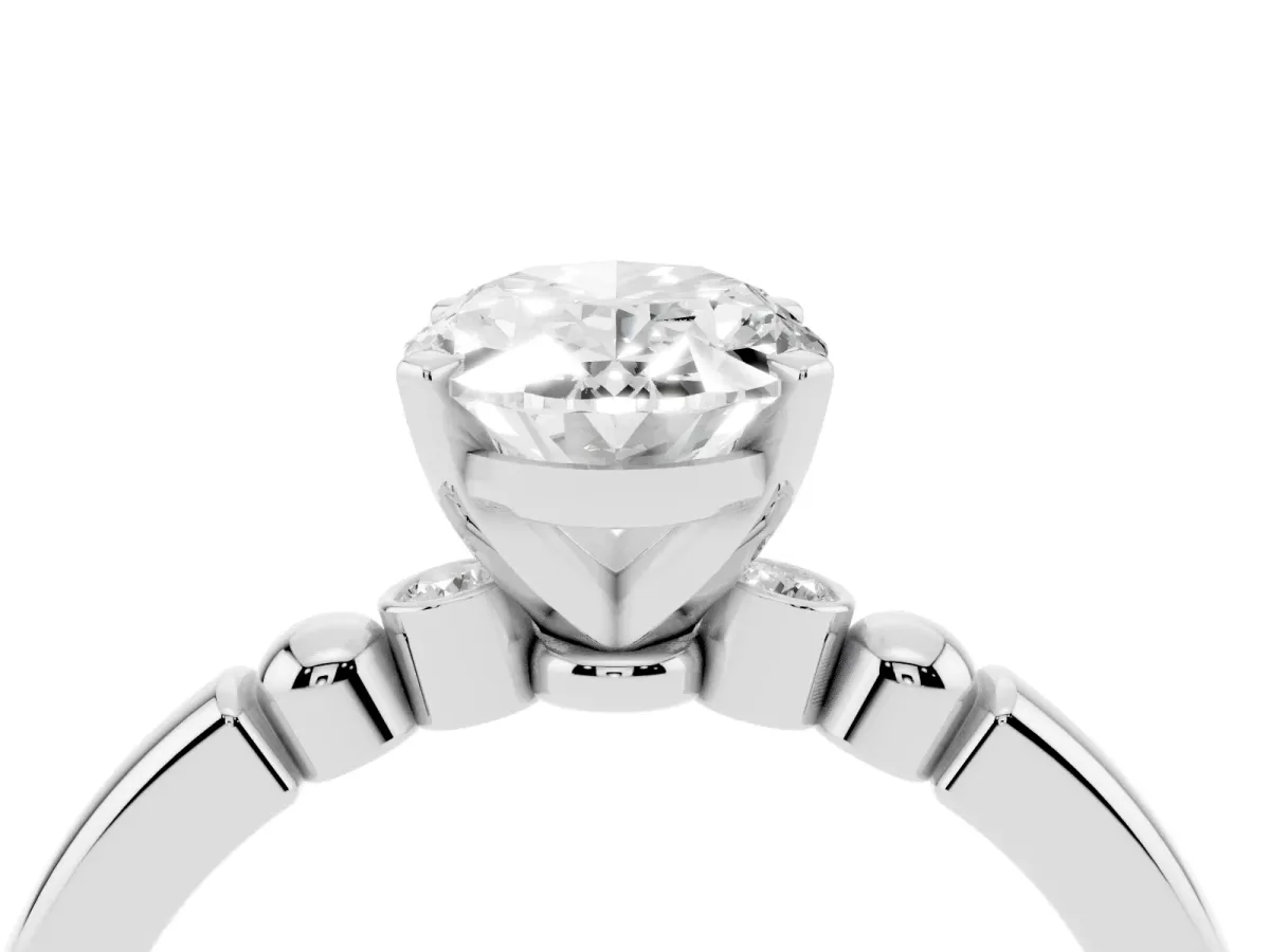 Oval Cut Solitaire Beaded Band with Four-Prong Setting White gold