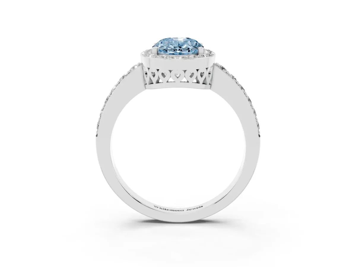 Fancy Blue Oval Cut Halo Diamond Pavé Band Ring with Prong Setting Silver