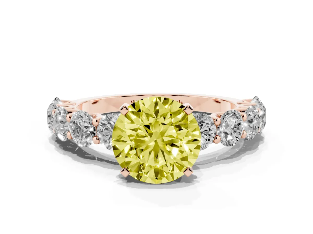 Fancy Yellow Round Cut Diamond Prong Setting with Side Stones on a Pave Band Rose gold