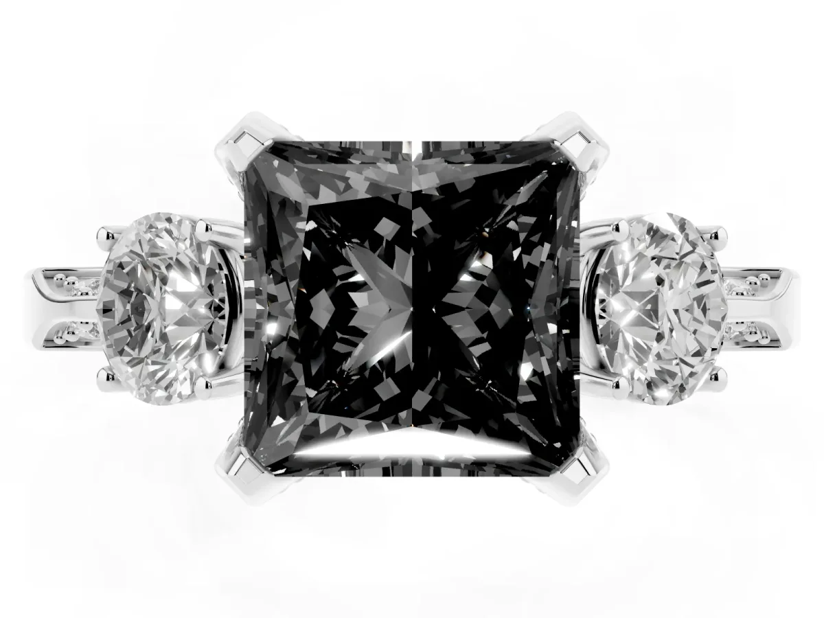 Fancy Black Princess Cut Brilliant Three-Stone Diamond Ring with Pavé Band and Four-Prong Setting Silver