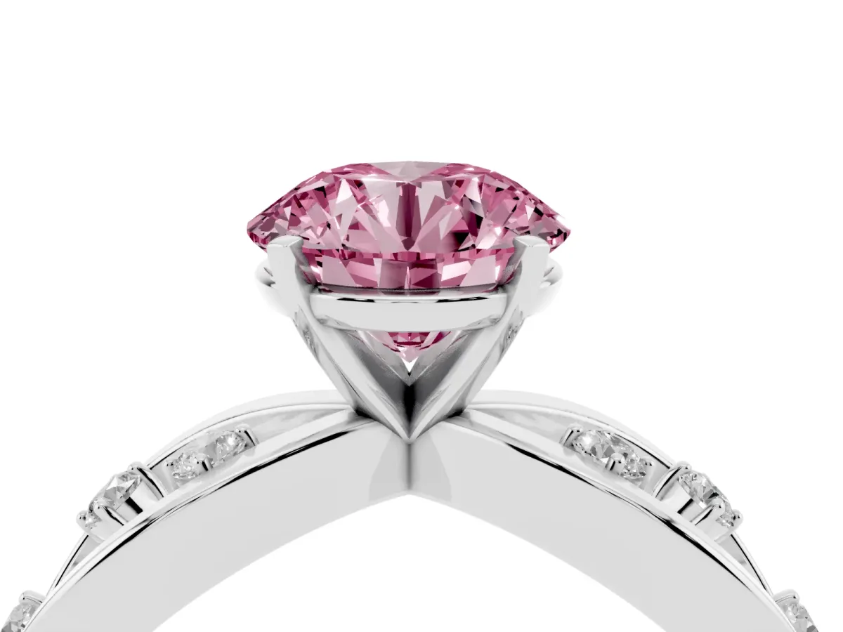 Fancy Pink Round Cut Cut Solitaire Diamond with Side Stones on Criss-Cross Band and Four-Prong Setting White gold