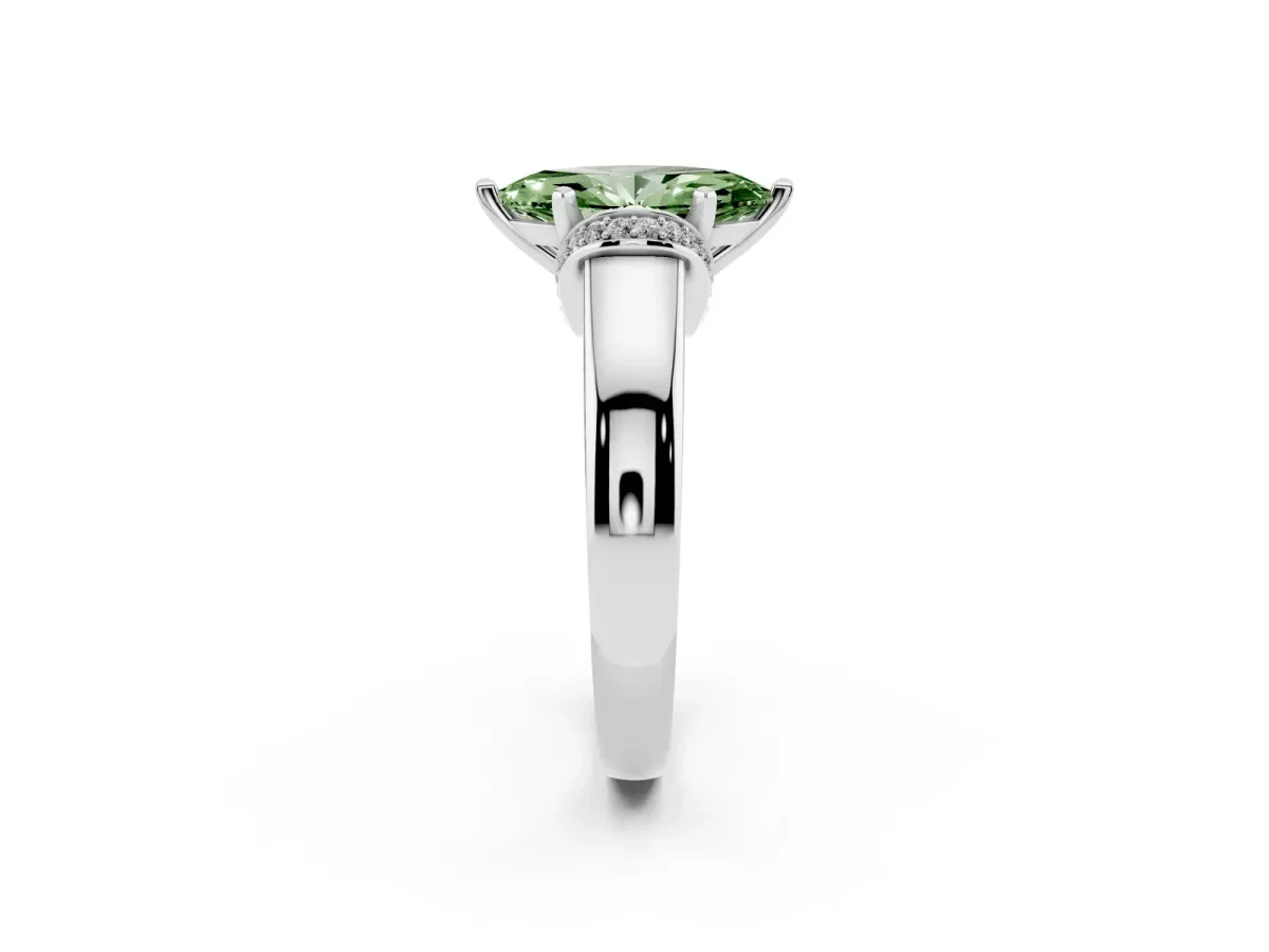 Fancy Green Marquise Cut Solitaire Diamond Ring with Pave Band and Six-Prong Setting Silver