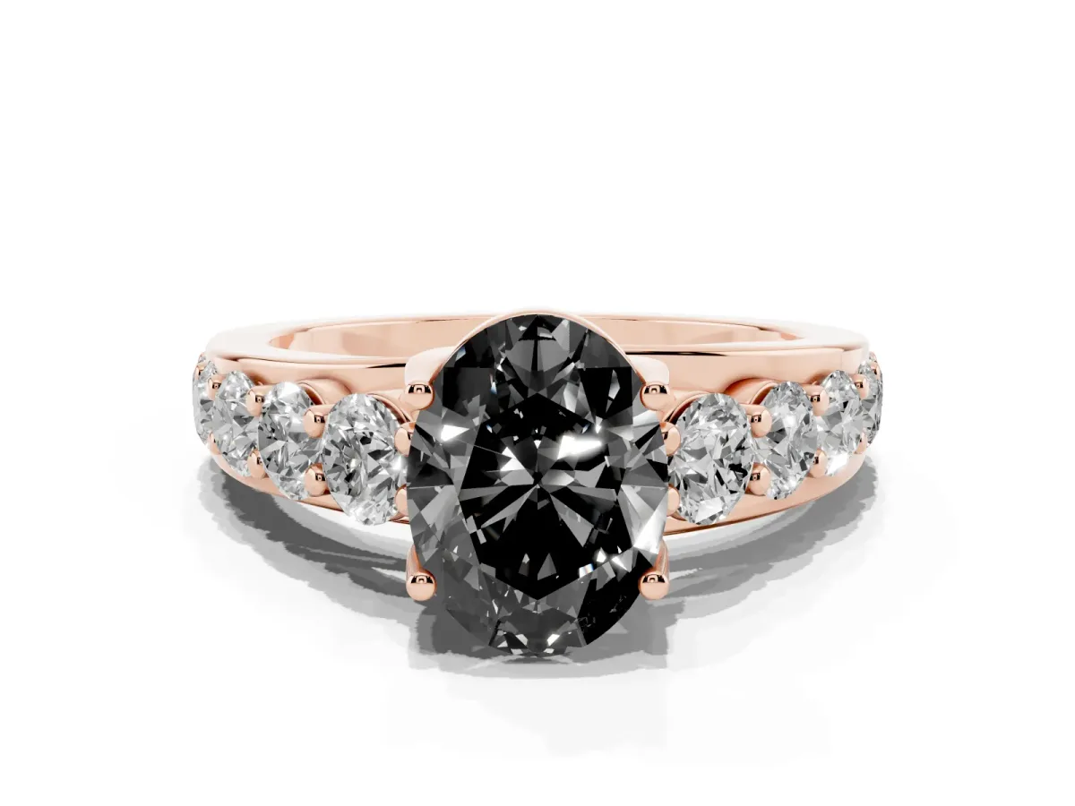 Fancy Black Oval Cut Diamond Engagement Ring with Pavé Band and Four-Prong Setting Rose gold