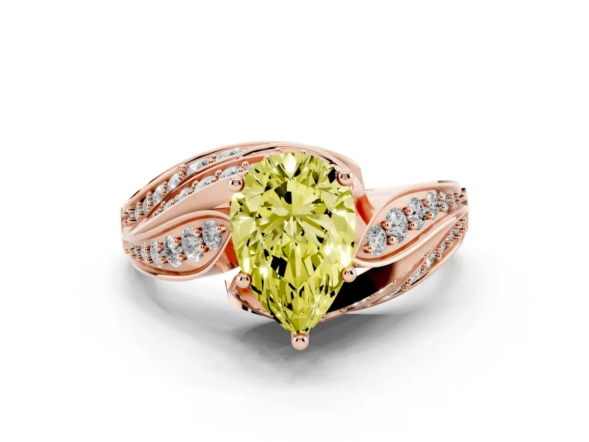 Fancy Yellow Pear Cut Diamond Solitaire Ring with Prong Setting and Twisted Pavé Band Rose gold