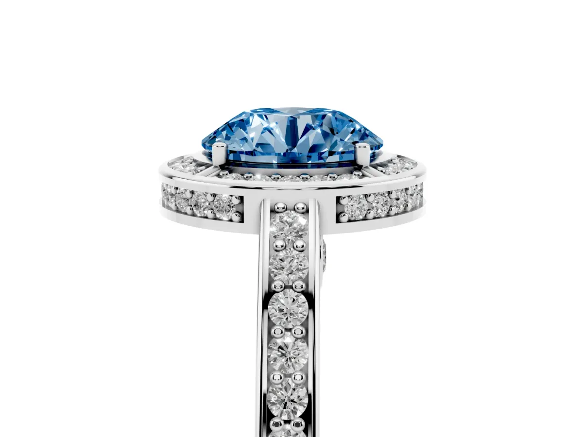 Fancy Blue Round Cut Cut Halo Pave Split Shank Prong Setting Ring Platinum