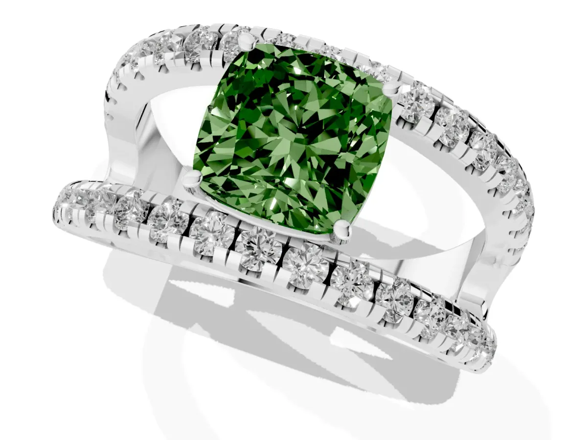 Fancy Green Cushion Cut Solitaire Split Shank Pave Diamond Ring Platinum