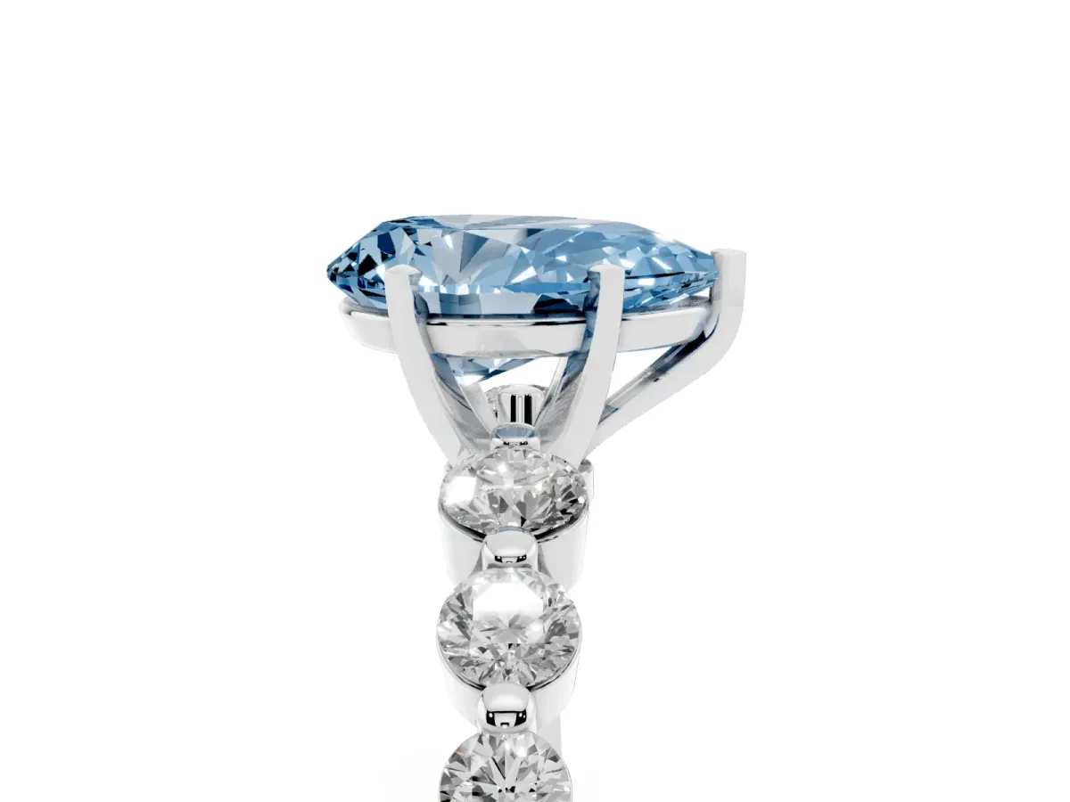 Fancy Blue Pear Cut Solitaire Diamond Ring with Pave Band and Four-Prong Setting Silver