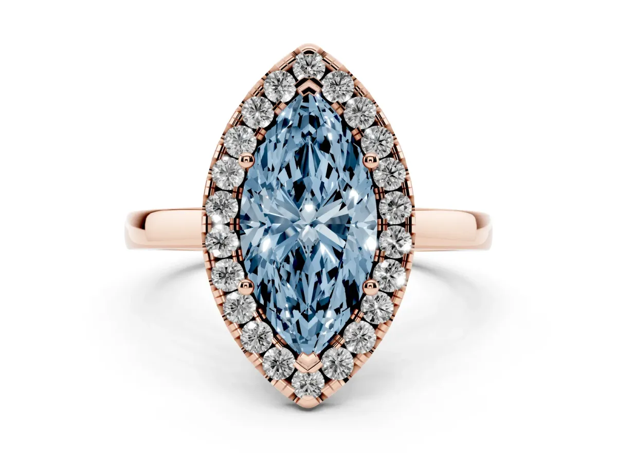 Fancy Blue Marquise Cut Halo Diamond Solitaire with Pavé Band and Four-Prong Setting Rose gold