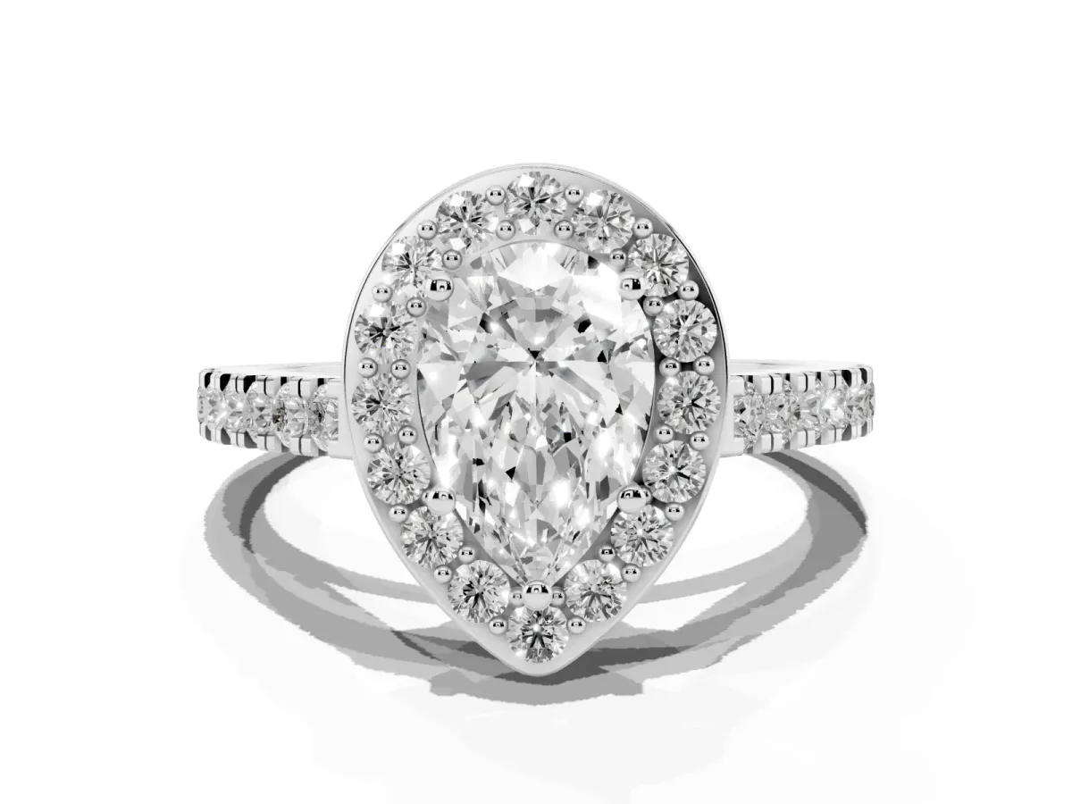 Pear Cut Diamond Halo Ring with Round Pavé Split Shank and Prong Setting Silver