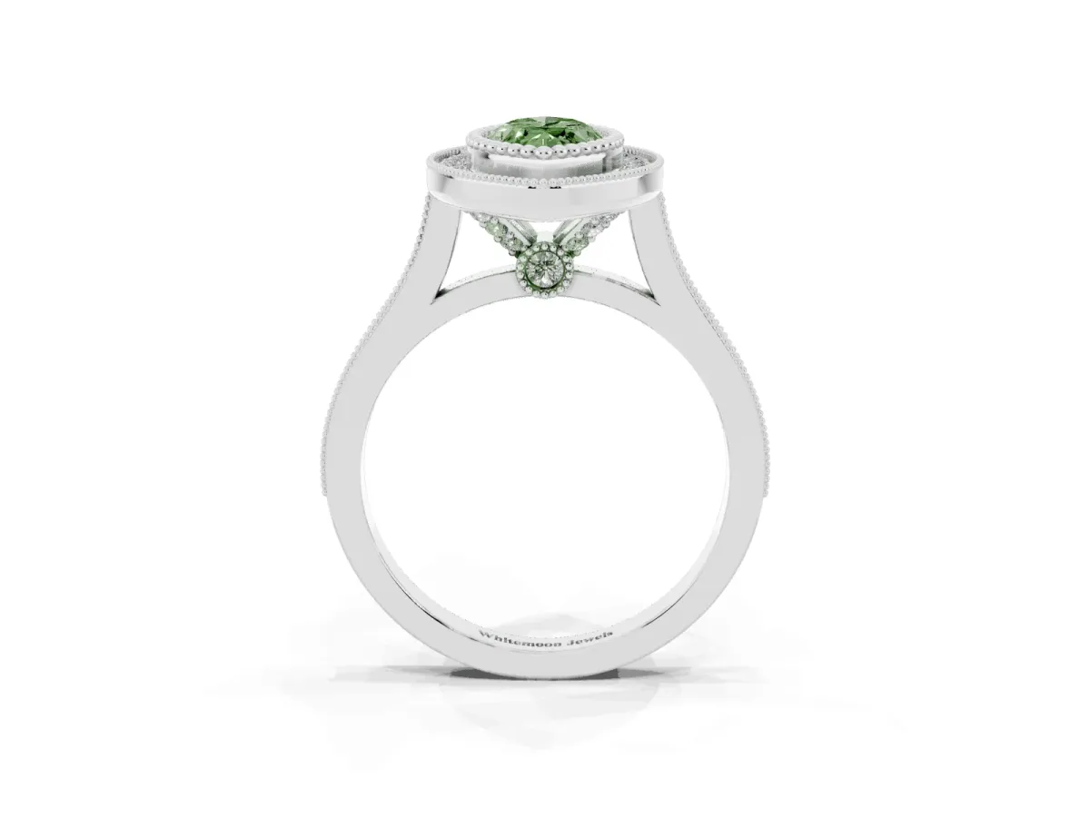 Fancy Green Marquise Cut Diamond Halo Ring with Milgrain Frame and Pavé Band Silver
