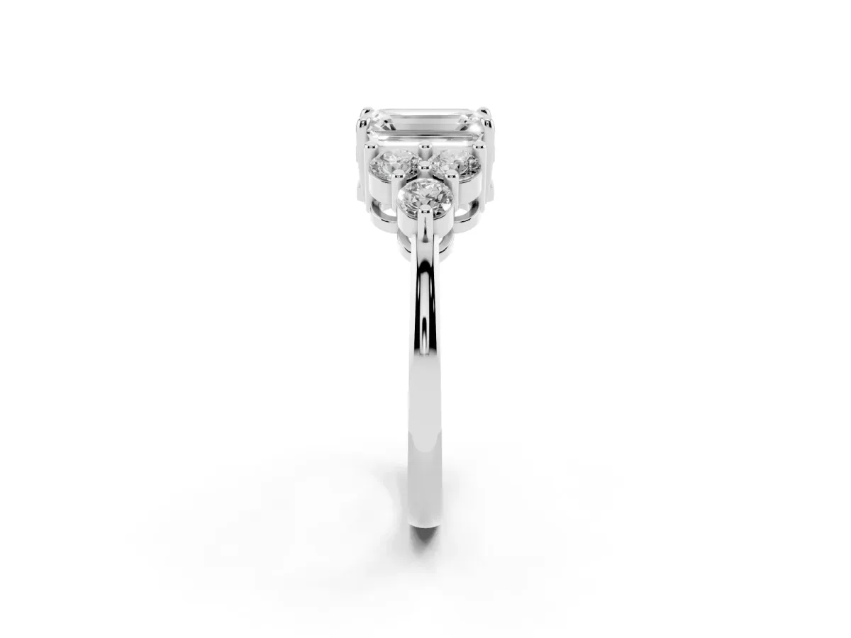 Emerald Cut Brilliant Diamond Cluster Accent Solitaire Ring with Prong Setting Silver