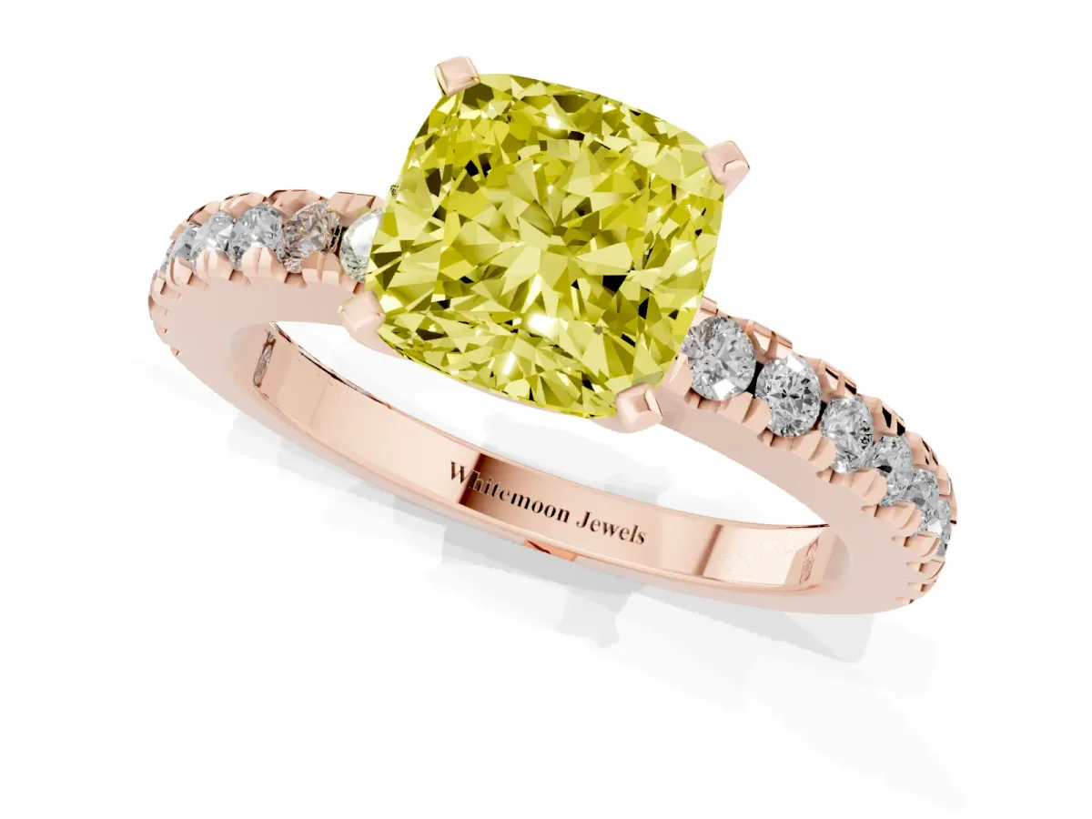 Fancy Yellow Cushion Cut Solitaire Diamond with Pavé Band and Four-Prong Setting Rose gold