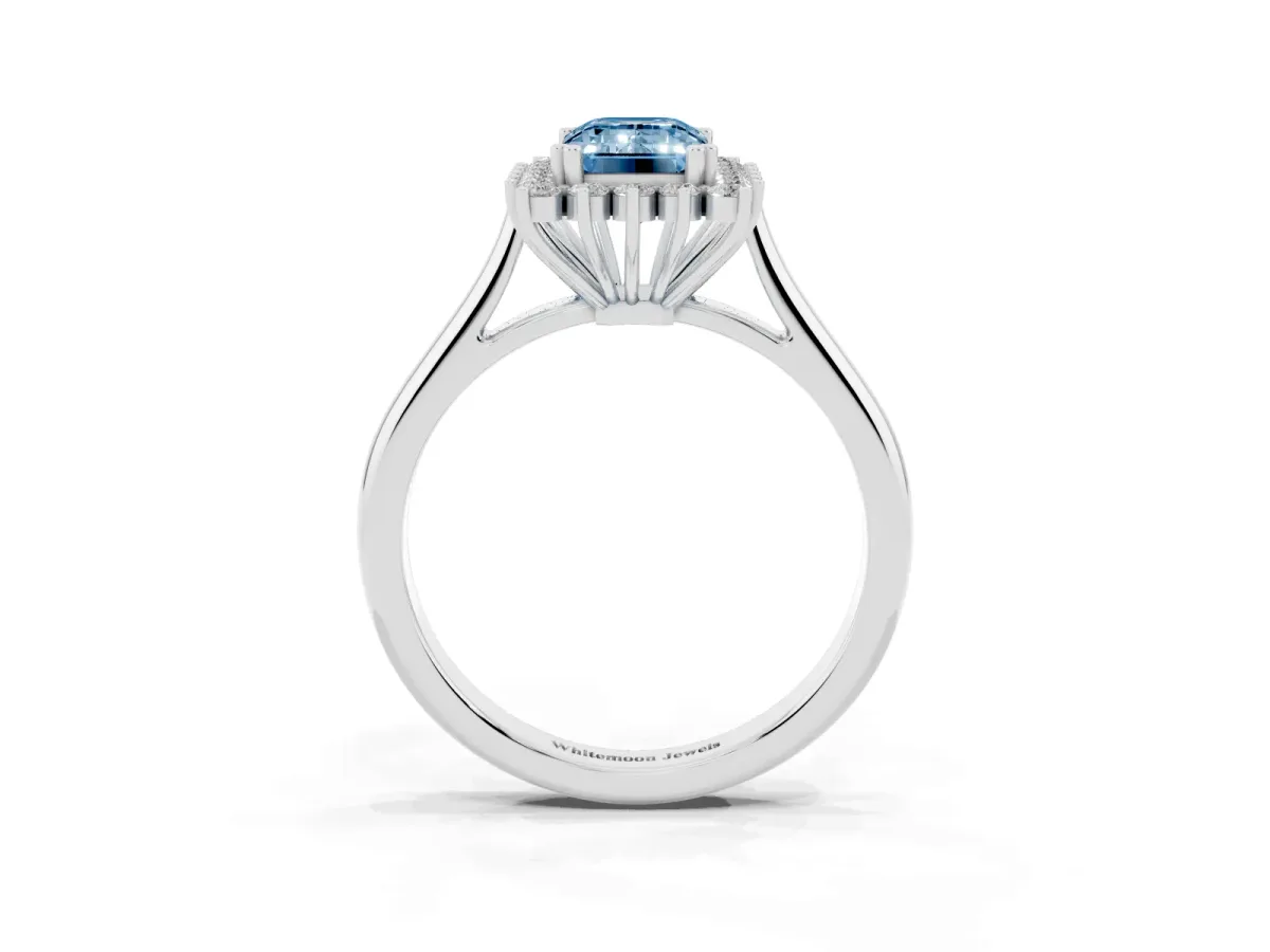 Fancy Blue Emerald Cut Cut Diamond Halo Ring with Solitaire Band and Prong Setting Silver