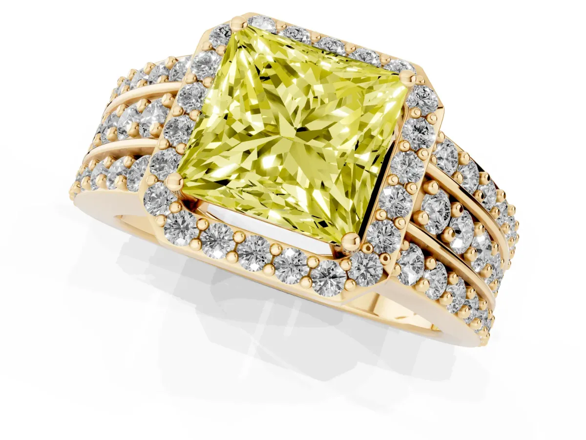 Fancy Yellow Princess Cut Halo Diamond Ring with Round Split Shank and Prong Setting Yellow gold