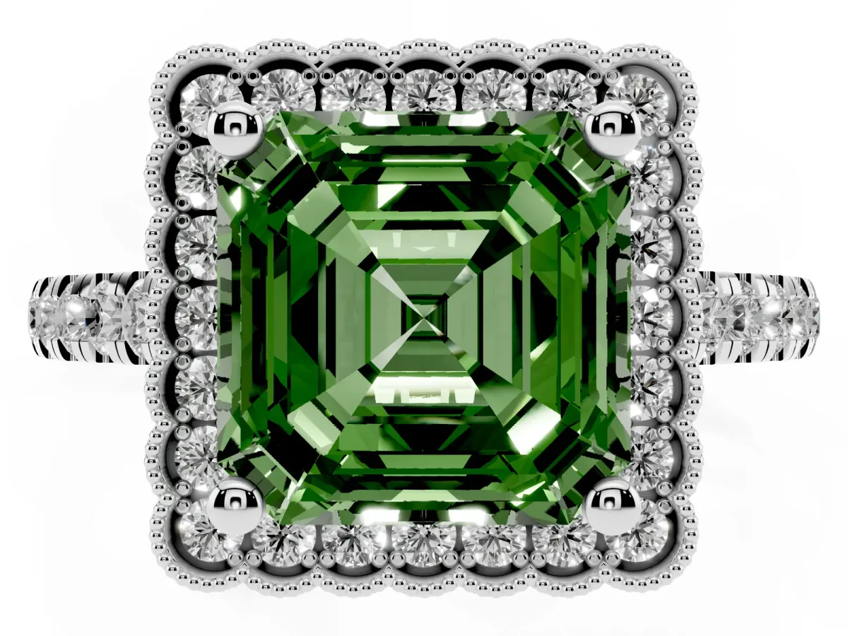 Fancy Green Asscher Cut Cut Diamond Milgrain Floral Halo Engagement Ring with Pavé Band Silver