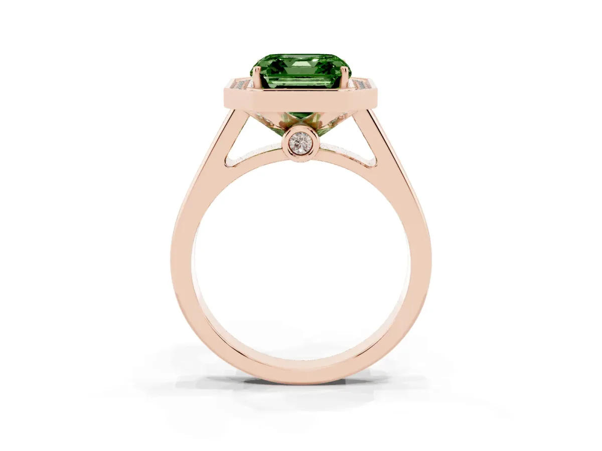 Fancy Green Asscher Cut Halo Solitaire Diamond Ring with Pave Band and Bezel Setting Rose gold