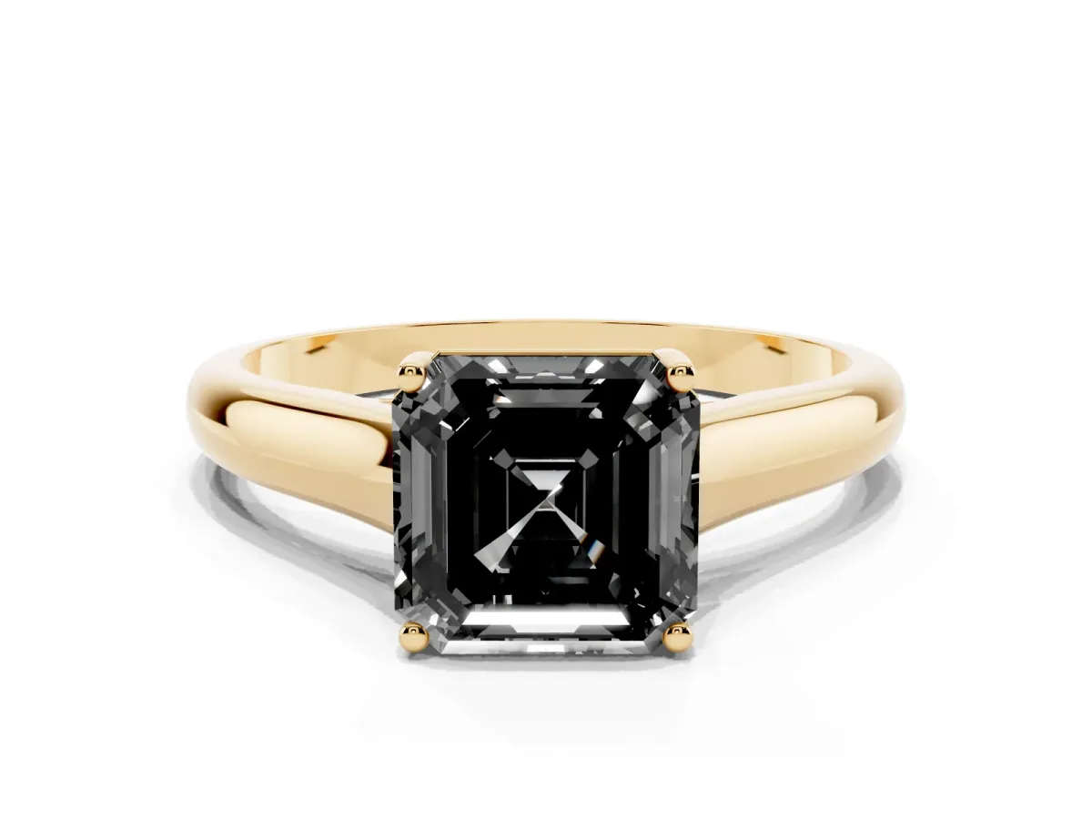 Fancy Black Asscher Cut Solitaire Engagement Ring with Tapered Band and Four-Prong Setting Yellow gold