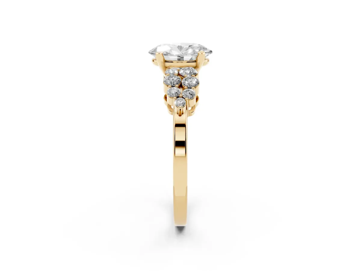 Oval Cut Cluster Diamond Engagement Ring with Pavé Band and Four-Prong Setting Yellow gold