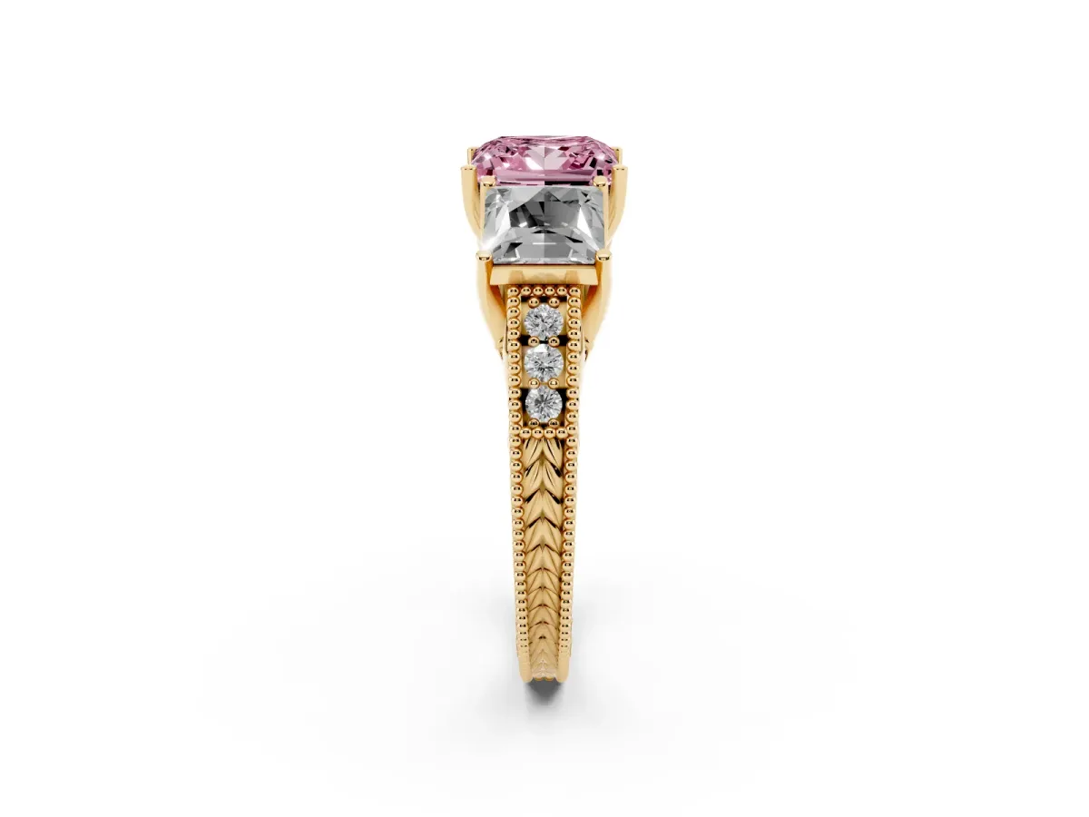 Fancy Pink Three-Stone Princess Cut Cut Milgrain Pavé Engagement Ring Yellow gold