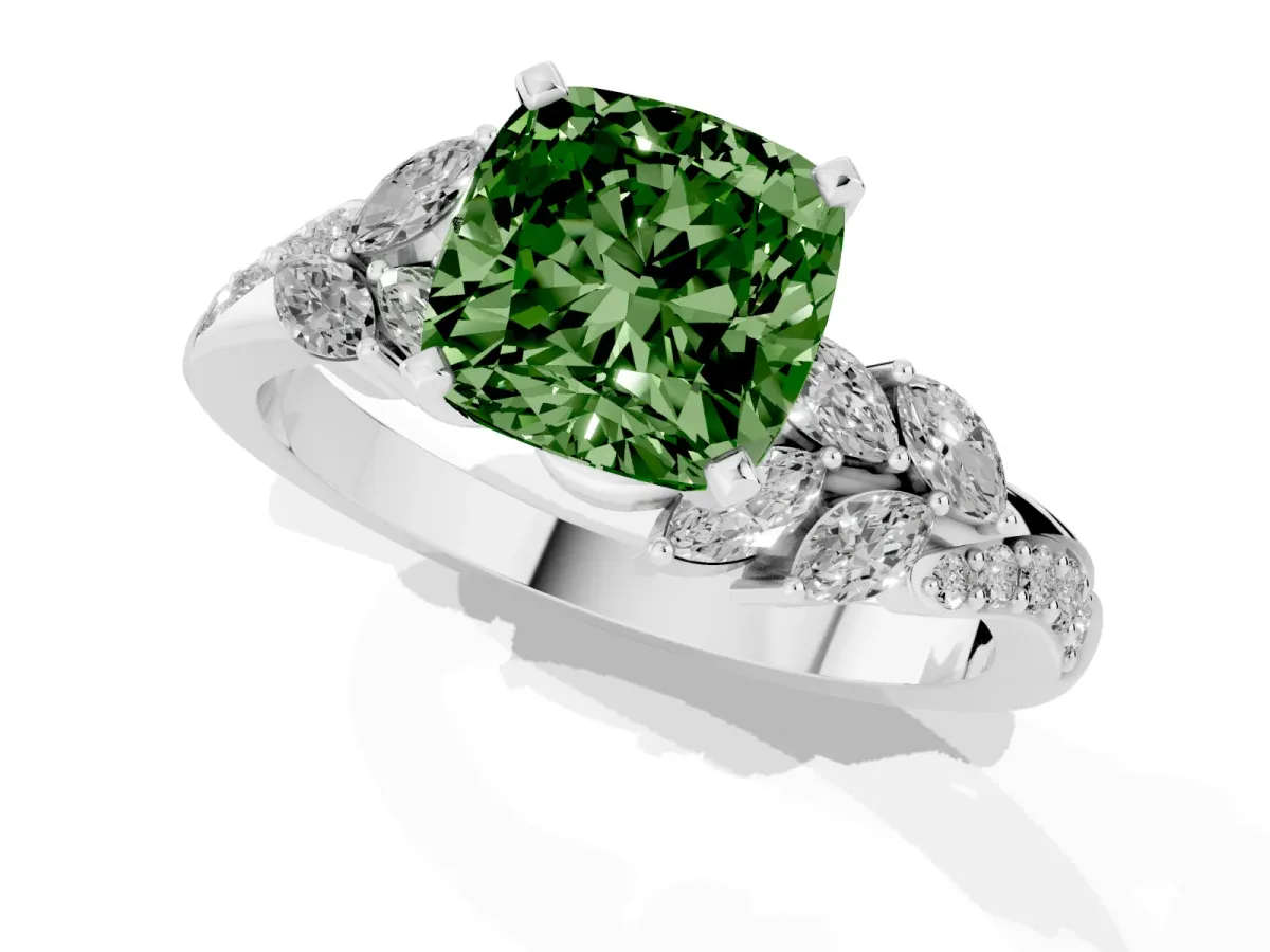 Fancy Green Cushion Cut Solitaire Marquise Twist Band with Six-Prong Setting Silver