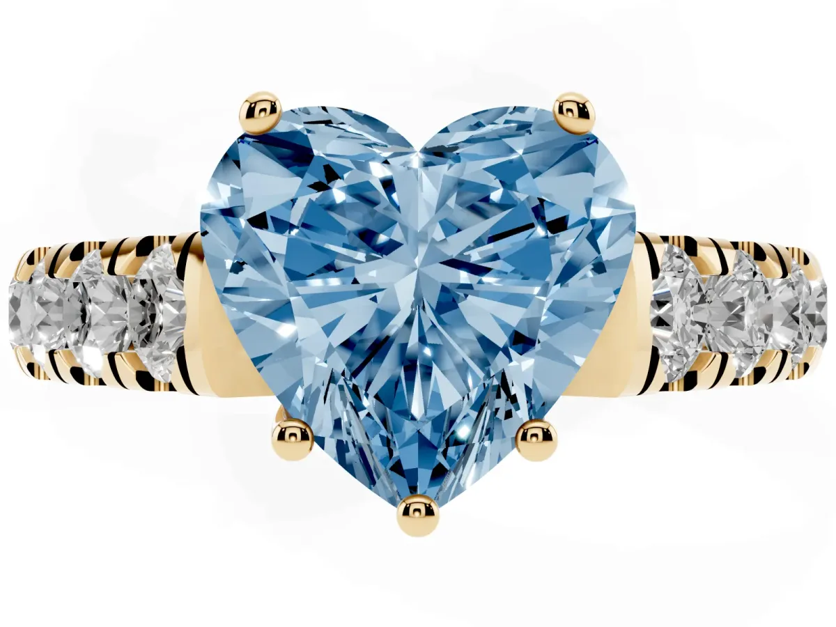Fancy Blue Heart Cut Cut Diamond Solitaire Ring with Micro Pave Band and Prong Setting Yellow gold