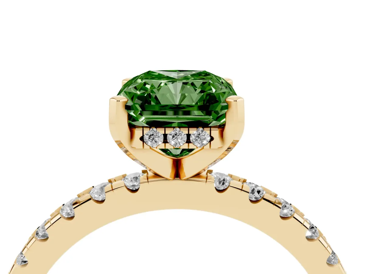 Fancy Green Radiant Cut Diamond Solitaire Ring with Round Pavé Band and Four-Prong Setting Yellow gold
