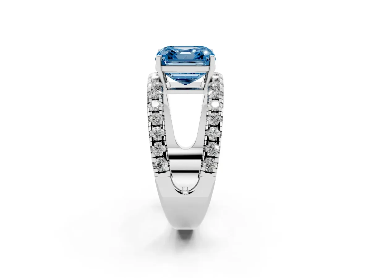 Fancy Blue Asscher Cut Solitaire Split Shank Pave Diamond Ring Platinum