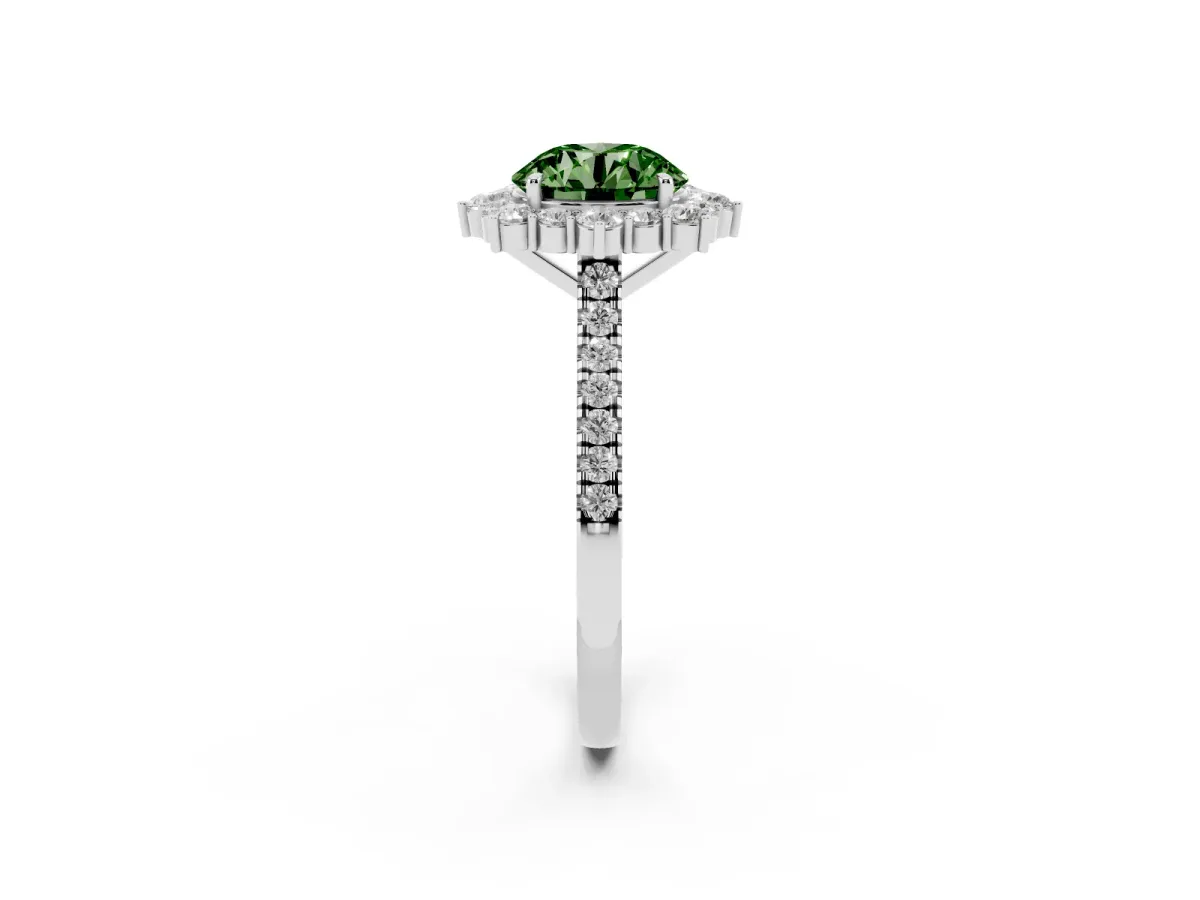 Fancy Green Round Cut Halo Diamond Ring with Pavé Band and Prong Setting Silver