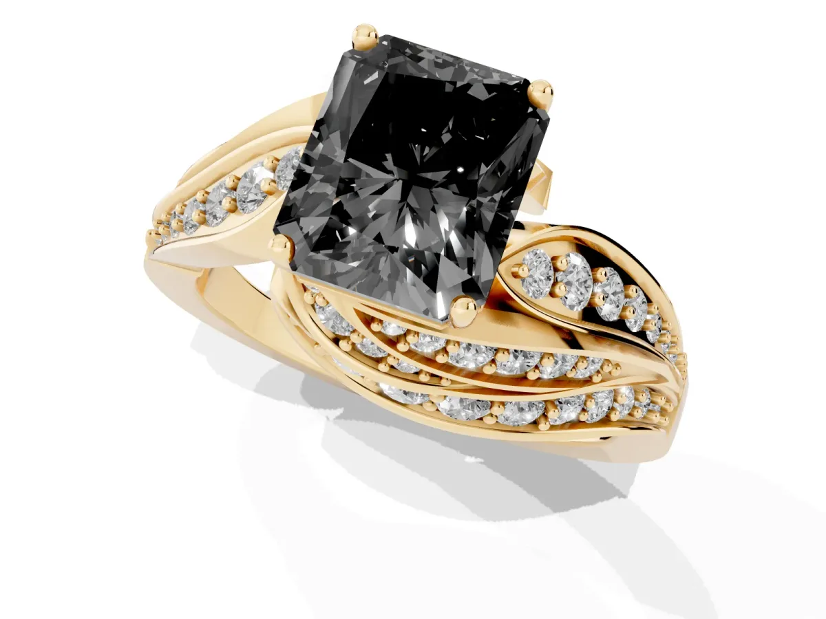 Fancy Black Radiant Cut Diamond Solitaire Ring with Prong Setting and Twisted Pavé Band Yellow gold