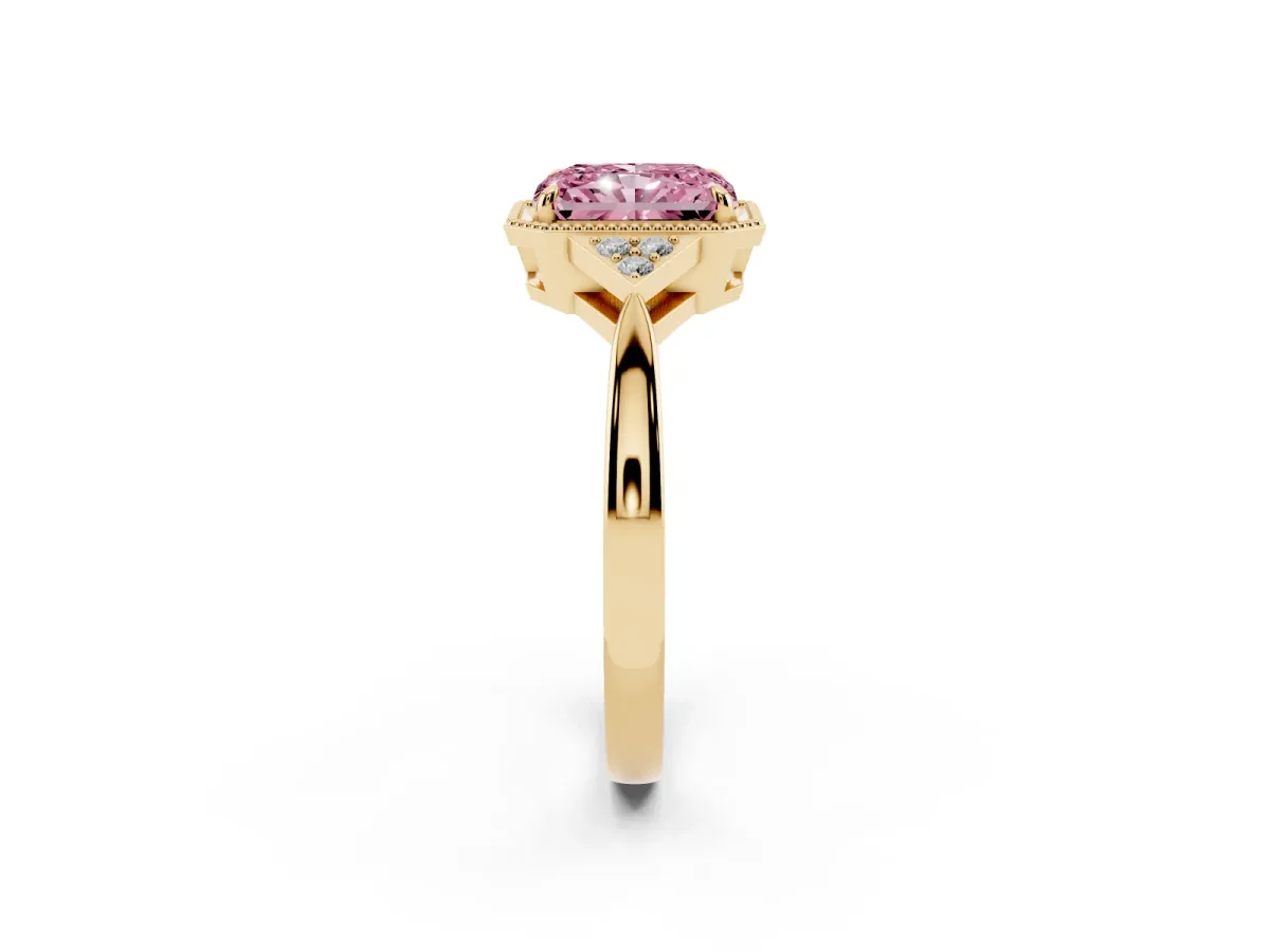 Fancy Pink Hexagonal Halo Radiant Cut Diamond Solitaire with Pavé Band and Four-Prong Setting Yellow gold