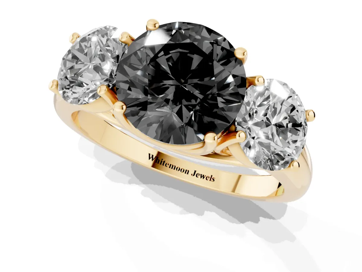 Fancy Black Three-Stone Round Cut Diamond Engagement Ring with Prong Setting Yellow gold